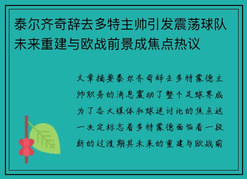 泰尔齐奇辞去多特主帅引发震荡球队未来重建与欧战前景成焦点热议